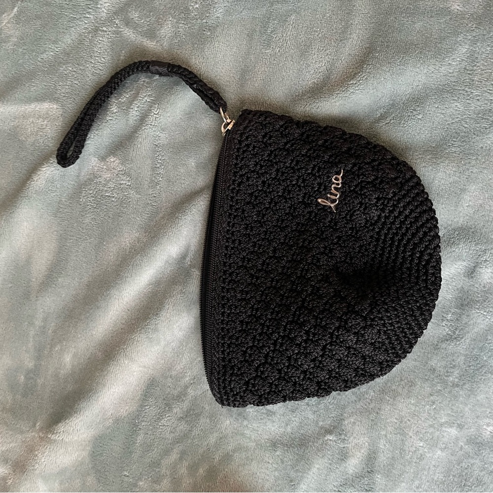 Lina Black Crochet Wristlet Clutch with Silver Logo
